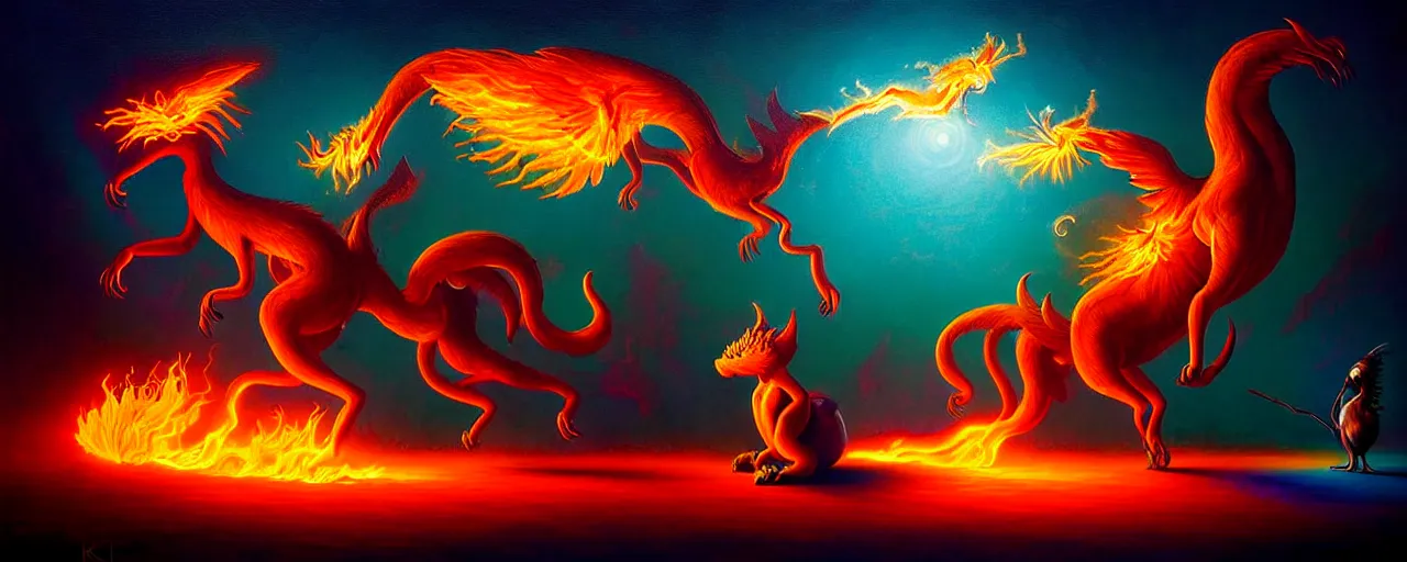 Prompt: strange fiery magical mythical beasts of whimsy, surreal dark uncanny painting by ronny khalil