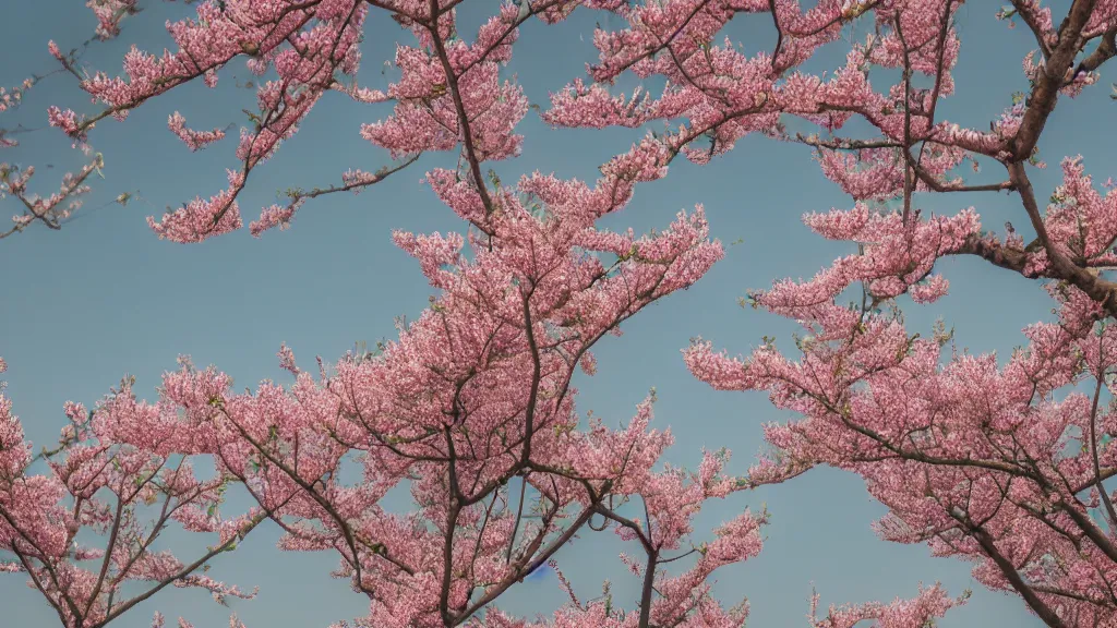 Image similar to a watercolor of Peach blossoms bloom along the Shanghai skyline, The soft pinks and greens of the flowers are offset by the blue of the sky and the gray of the cityscape. HD, Octane render 8K,