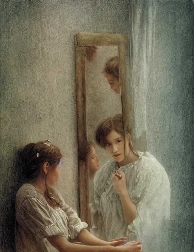 Prompt: peasant girl looking in a mirror in a bathroom, cottage core, polaroid photo bleached vintage pastel colors high - key lighting, soft lights, foggy, by steve hanks, by lisa yuskavage, by serov valentin, by tarkovsky, detailed, oil on canvas