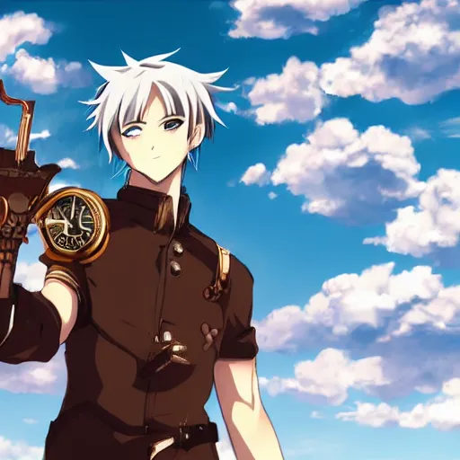 Image similar to anime man with a steampunk prosthetic arm, handsome, finely detailed, cinematic lighting, clouds, sky, sunlight, anime,