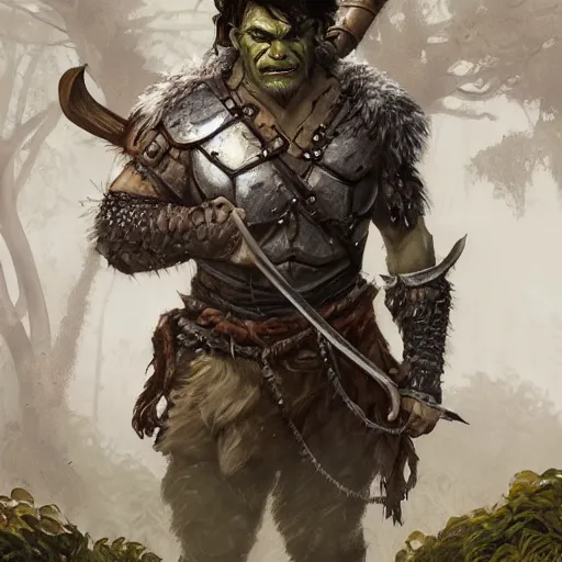 Prompt: portrait of a ruggedly handsome half - orc fighter with short brown hair wearing chain mail armor holding a crossbow in a forest, half body, fantasy, highly detailed, digital painting, artstation, concept art, character art, art by greg rutkowski and tyler jacobson and alphonse mucha