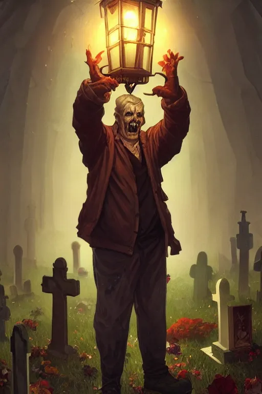 Image similar to male senior holding a lantern in a cemetery several zombies, highly detailed, digital painting, artstation, concept art, smooth, sharp focus, illustration, art by artgerm and greg rutkowski and alphonse mucha and andrei riabovitchev