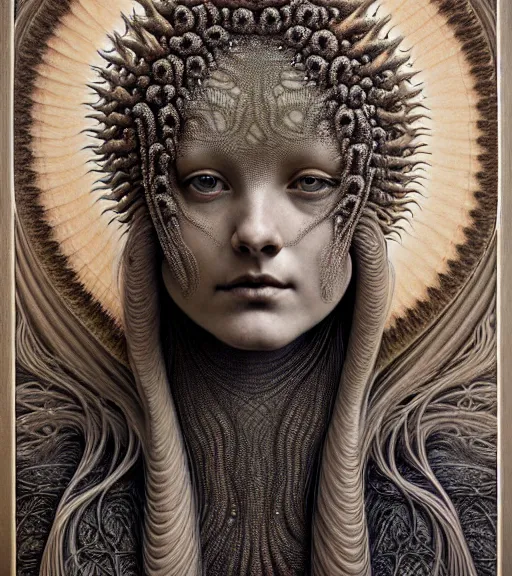 Image similar to detailed realistic beautiful desert goddess face portrait by jean delville, gustave dore, iris van herpen and marco mazzoni, art forms of nature by ernst haeckel, art nouveau, symbolist, visionary, gothic, neo - gothic, pre - raphaelite, fractal lace, intricate alien botanicals, ai biodiversity, surreality, hyperdetailed ultrasharp octane render