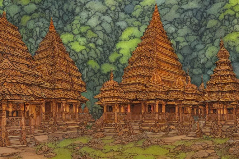 Prompt: Wooden ancient hindu city on the jungle, by Rebecca Guay and James Gurney | digital art | trending on artstation-n 6