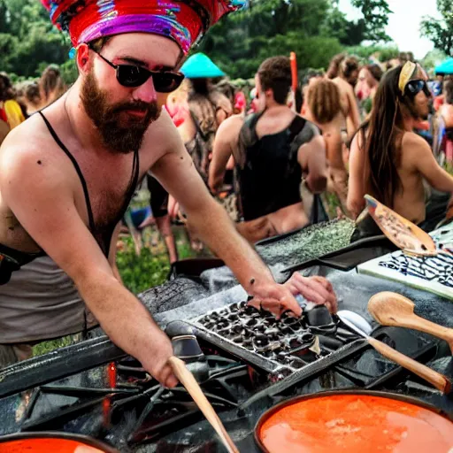 Image similar to scandy and arender, cooking it up, hot hot hot, splash, ahhhhhhh, roomies, bohemian digitals, playing a live gig at ozora festival, over the shoulder photograph, huge crowd, ecstatic, photography