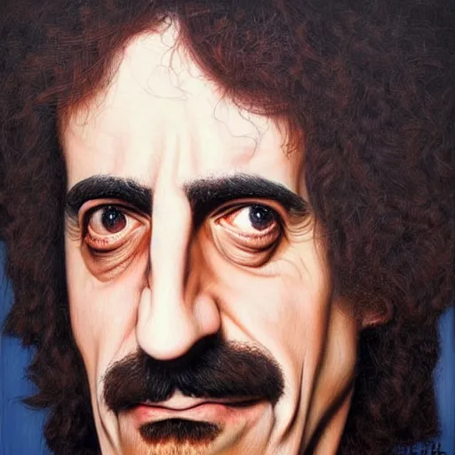 Image similar to Caricature portraits done of Frank Zappa, realistic, hyperrealistic, very realistic, highly detailed, very detailed, extremely detailed, detailed, oil painting, digital art, trending on artstation