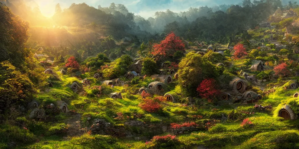 Image similar to looking down into a valley full of hobbit houses and lush vegetation with cherry trees in the sunset, sharp focus, highly detailed, matte painting, beautiful light, cgsociety, artgerm