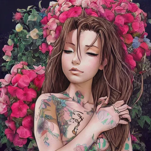 Image similar to concept art of aerith gainsborough with tattoos, amongst flowers, high quality, detailed, trending on artstartion