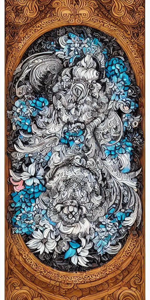 Image similar to Painted dark-wood panel relief carving of a Flowerpunk Piglet, White and pale blue toned, ornate border frame, explosion of colorful flowers, dark wood, intricately carved, black ink, festival of rich colors, intricate details, cinematic lighting, volumetric lighting, post-processing, art nouveau, tarot, fractal art, mandala, by andreas rocha and john howe, and Martin Johnson Heade, featured on artstation, featured on behance, golden ratio, hyper detailed, photorealistic, epic composition, center spotlight, f32, well composed, symmetrical, UE5, 8k