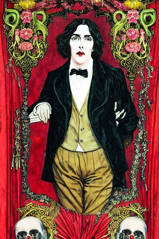 Image similar to realistic portrait of oscar wilde in the center of an ornate red curtain frame with skulls and flowers, detailed art by kay nielsen and walter crane, illustration style, watercolor