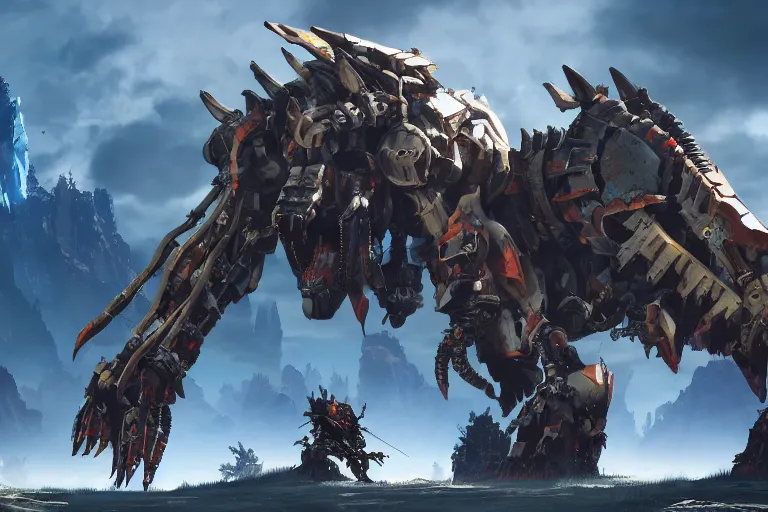 Image similar to grimhorn fanghorn machine mecha animal beast robot of horizon forbidden west horizon zero dawn bioluminiscence global illumination ray tracing hdr fanart arstation by sung choi and eric pfeiffer and gabriel garza and casper konefal