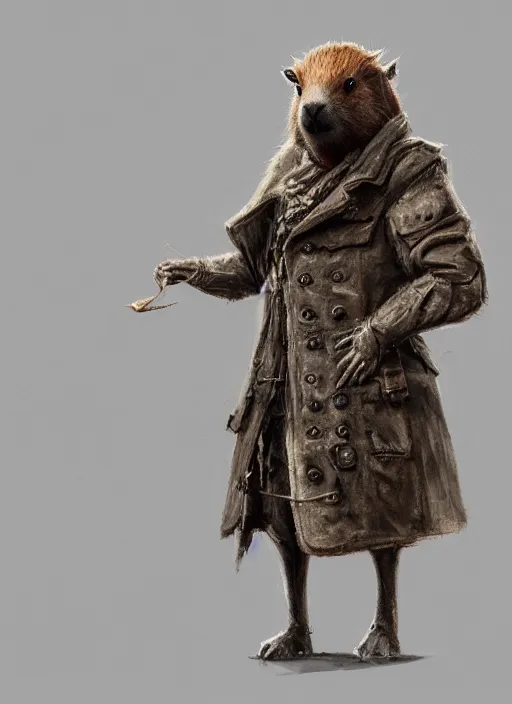 Image similar to detailed full body concept art illustration, dark soft focus, plague style oil painting on canvas of an anthropomorphic capybara doctor in full intricate clothing, biomutant, dystopian, micro detail, octane render, 4K