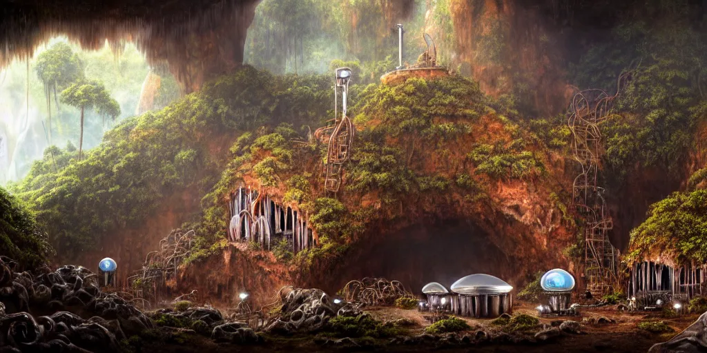 Image similar to a chrome bipdel conical drill visits a rusted cave mouth in the jungle, retrofuturistic, matte oil painting, speleothems, merchant tents, salt dunes, science fantasy, rpg, epic, extremely detailed, sharp focus, 4 k