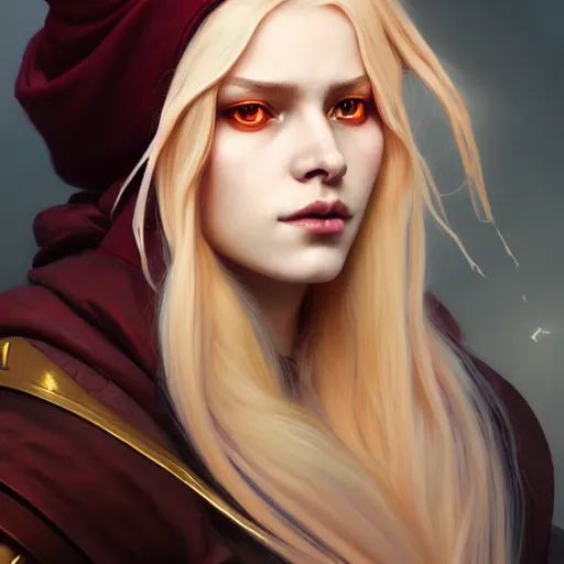 Image similar to Hyperrealistic portrait of a girl with cream coloured hair wearing a heavy maroon cloak, Overwatch inspired, golden accents, face, fantasy, intricate, elegant, highly detailed, digital painting, artstation, concept art, smooth, sharp focus, illustration, art by Wei Fan and Fernanda Suarez and Artem Demura and alphonse mucha