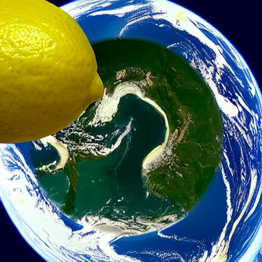 Prompt: earth being sliced in half like a lemon on a cutting board