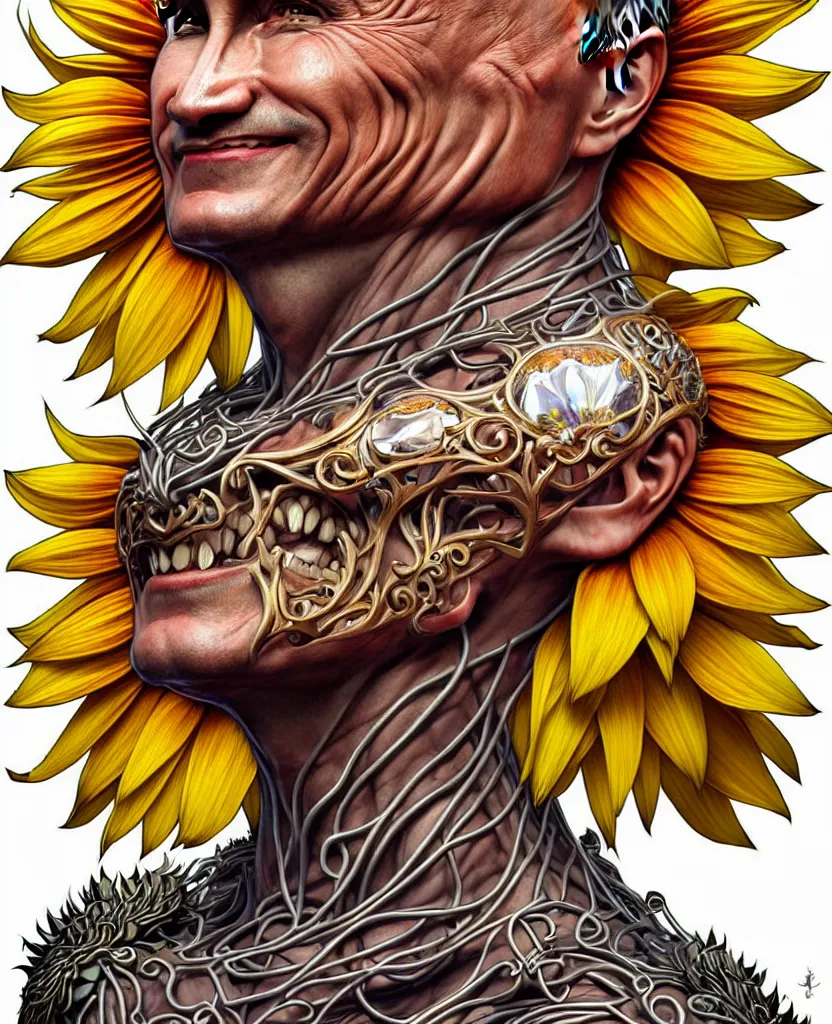 Image similar to digital art, centered full body of Putin smiling king, Sunflower crown, ,intricate, veins, by James Jean and by artgerm , by ross tran ultradetailed, charachter design, concept art, trending on artstation,