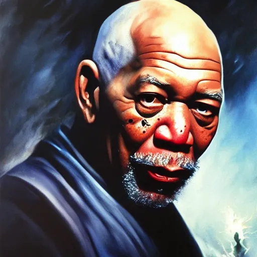 Image similar to ultra realistic portrait painting of morgan freeman as voldemort, art by frank frazetta, 4 k, ultra realistic, highly detailed, epic lighting