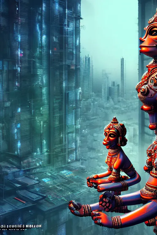 Image similar to high quality 3 d render very cute cyborg!! hanuman! madhubani, highly detailed, cyberpunk mumbai in the background, unreal engine cinematic smooth, in the style of solaris, hannah yata charlie immer, moody light, low angle, uhd 8 k, sharp focus