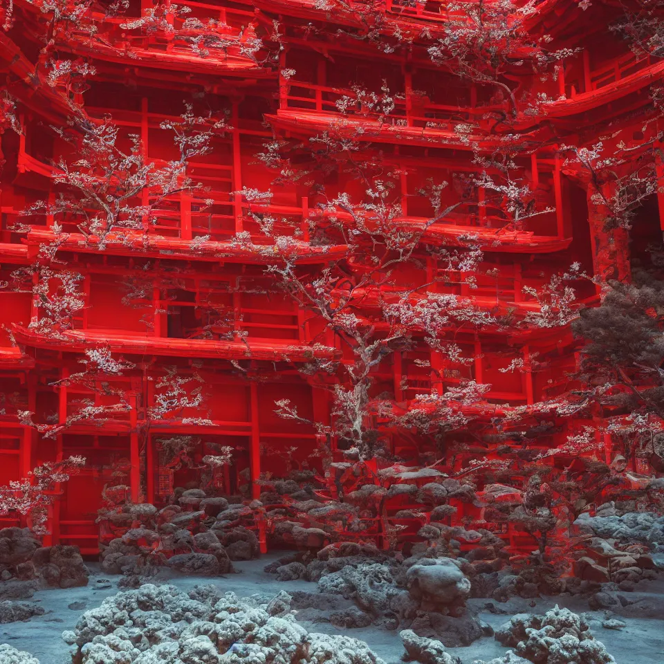 Image similar to A red ancient Japanese architectural building under the sea, 8k, very high detailed, cinematic, octane render, intricate