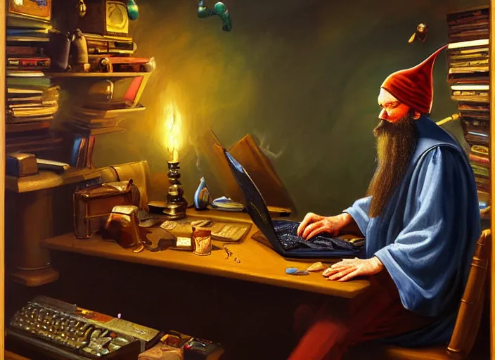 Prompt: classic oil painting, side view of a fantasy wizard using a pc, gaming, retro 6 0 s computer, sitting inside a cluttered storage room, wearing a nightcap, cottagecore, long wavy beard, keyboard, extremely detailed, digital illustration, concept art, readability, smooth, sharp focus, art by brothers hildebrandt