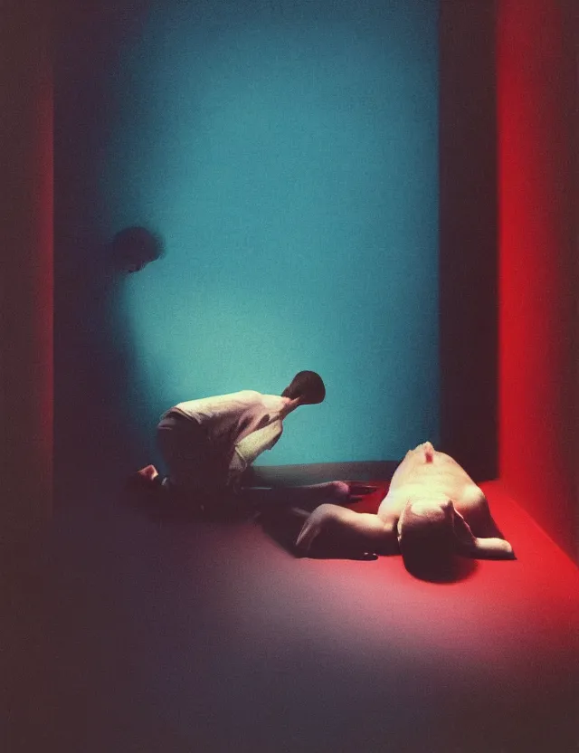 Image similar to boy in dark room praying on kness, blue rays from tv, redshift, colour shift, wide shot, coloured polaroid photograph, pastel, kodak film, hyper real, stunning moody cinematography, by maripol, fallen angels by wong kar - wai, style of suspiria and neon demon, david hockney, detailed, oil on canvas