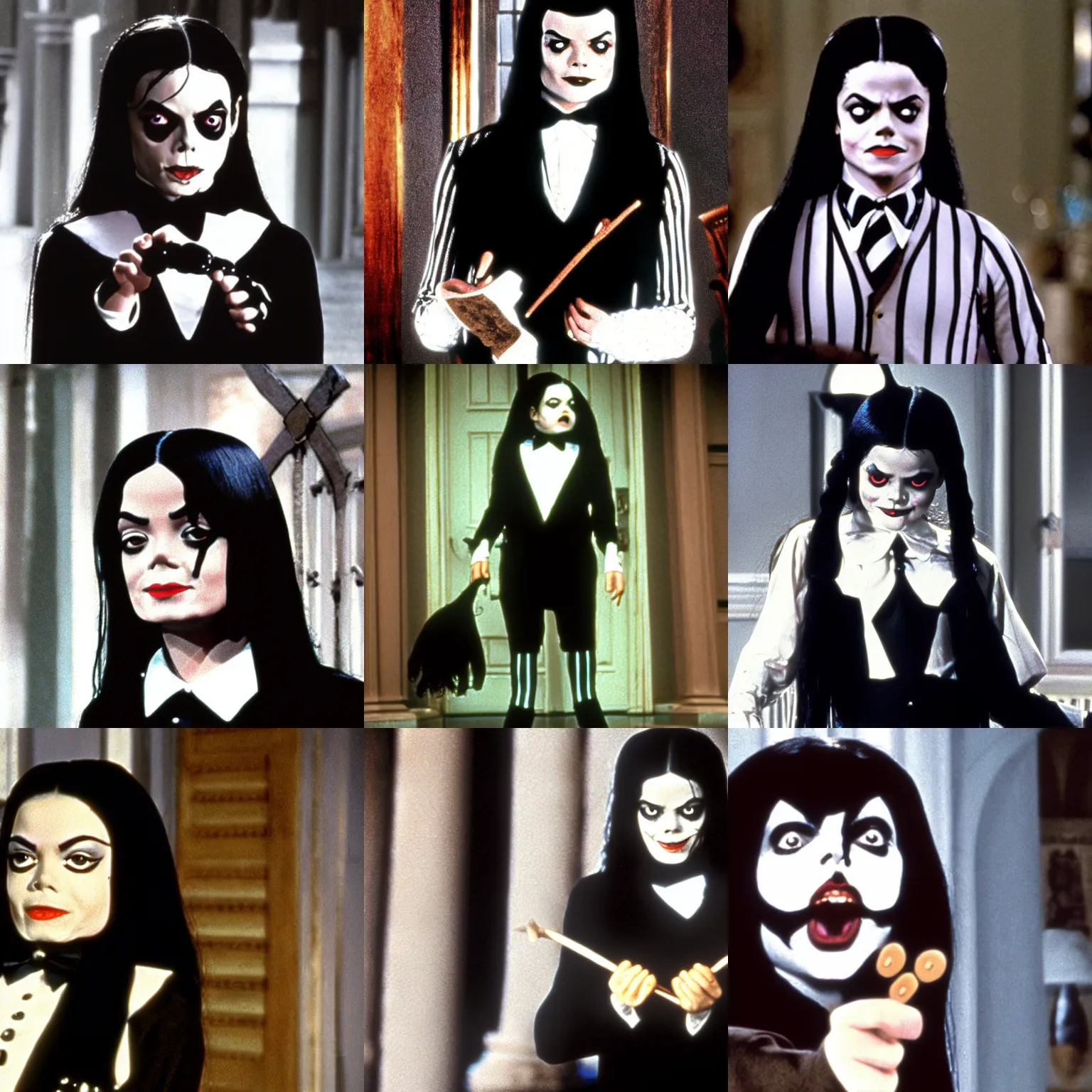 Prompt: Michael Jackson as Wednesday Addams, Still from The Addams Family (1991)