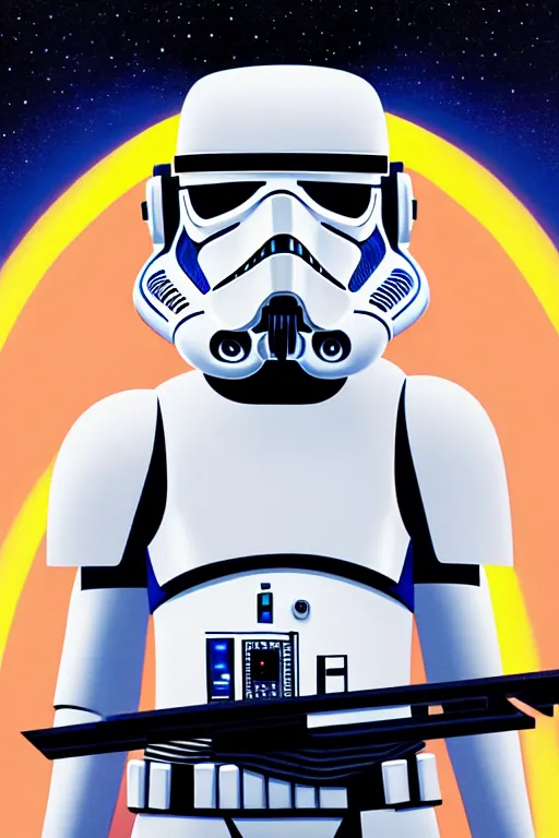 Prompt: closeup portrait of stormtrooper dj standing on a giant science fiction turntable in a dj booth, syd mead, dan mumford, moebius, detailed illustration, digital art, neon, isometric, symmetrical, comic book