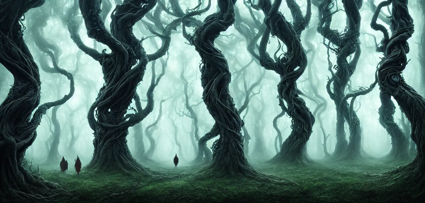 Image similar to scary fairy tale mystical forest twisted creepy trees magical forest landscape artwork trees near the path amazing nature, surreal, dreamlike, lucid dream, very detailed, perfect lighting, perfect composition, 4 k, artgerm, derek zabrocki, greg rutkowski