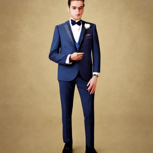 Prompt: elegant fancy suit of the groom with elements of the sun. golden highlights. frill collar. clear details. realistic photo. the model is a handsome young man with a symmetrical face.