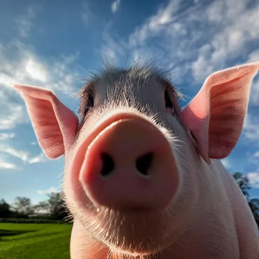 Image similar to happy pig in sky, epic hd award - winning professional selfie portrait 8 k