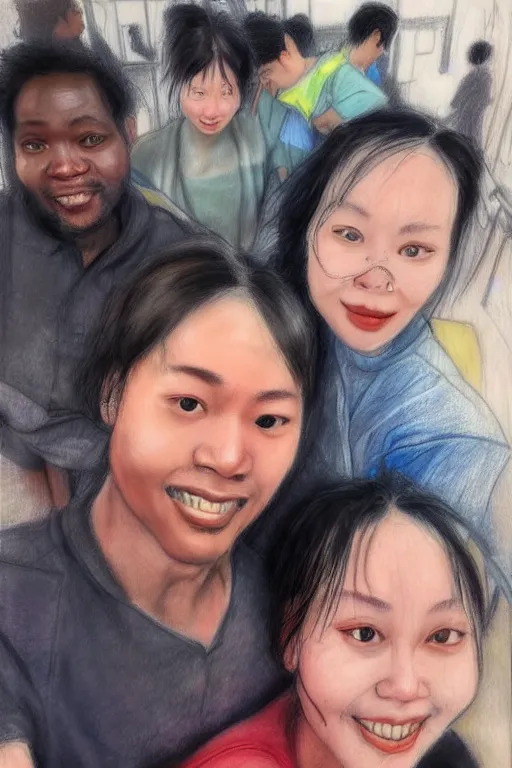 Prompt: last selfie before train accident, realistic, sketch and art by jacqueline e, mongezi ncaphayi, color by bo feng lin