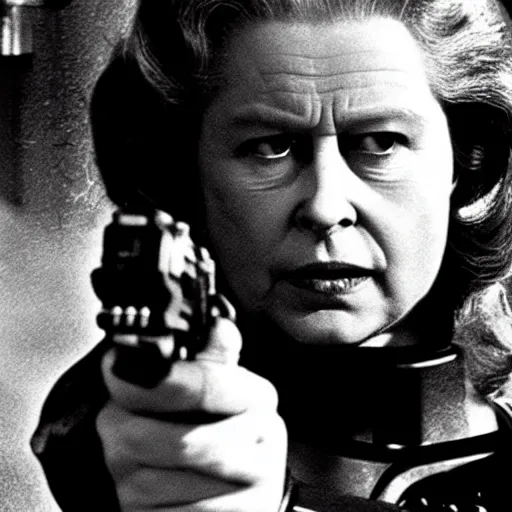 Prompt: the queen as the terminator, movie still