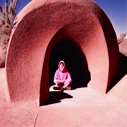 Image similar to a man wearing a pink hoodie sitting outside a Non-Euclidean orb-like clay house sitting in the desert, vintage photo, beautiful cinematography, blue sky, film grain, James Turrell
