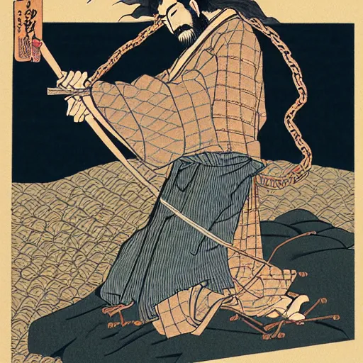 Image similar to by hokusai, samurai man vagabond, the samurai is wrapped in chains, detailed, editorial illustration, matte print, concept art, ink style, sketch, digital 2 d