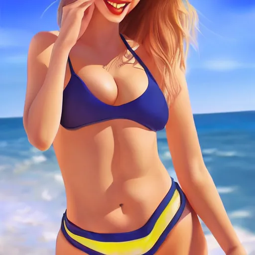 Prompt: very beautiful female swimsuit model, smiling, flirty, eye contact, perfect face, perfect body, drawn by artgerm