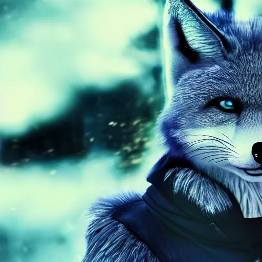 Image similar to anthropomorphic male blue fox furry fursona with handsome eyes, wearing a white hoodie, dramatic action movie poster, realistic hdr