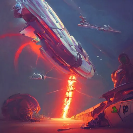 Image similar to a beautiful battle spaceship sticking in the ground, the spaceship is on fire, smoke, crash, accident, lightning, angry, kinetic, john sargent, adolphe bouguereaum, peter deligdisch, jama jurabaev, sachin teng, sergey kolesov, ruan jia, trending on artstation, highly detailed oil painting,