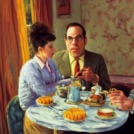 Prompt: seinfeld fancy tea party, george costanza, kramer, elaine, digital art, illustration, highly detailed, warm color scheme, soft lighting, sharp focus, gustave caillebotte, pyotr konchalovsky