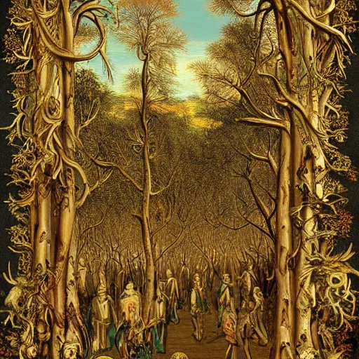 Prompt: a beautiful forest made of ivory and gold, highly intricate, digital art, very detailed, in the style of a weird and dark art noveau flemish painting