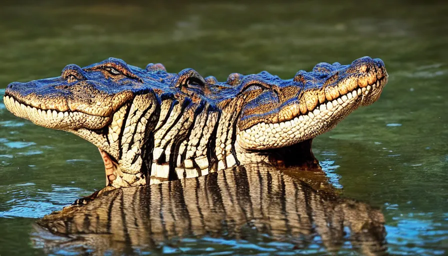 Image similar to an alligator tiger!!! hybrid! hyper realistic!! realistic lighting!! wildlife photographer of the year!!! bold natural colors, national geographic, hd, wide angle, 8 k