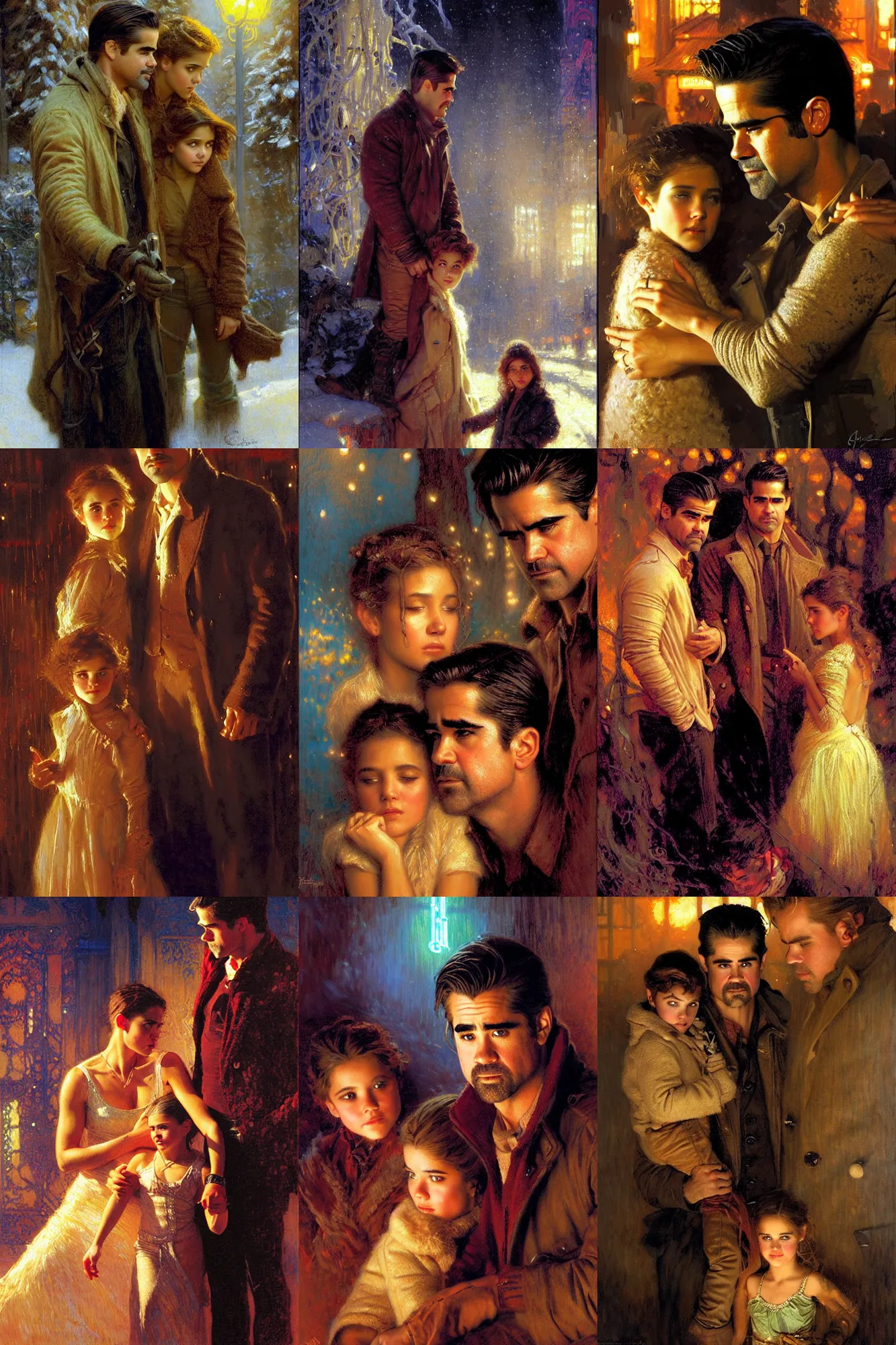 Prompt: winter, young colin farrell and jessica alba woman, with a kid, neon light, detailed faces, painting by gaston bussiere, craig mullins, j. c. leyendecker