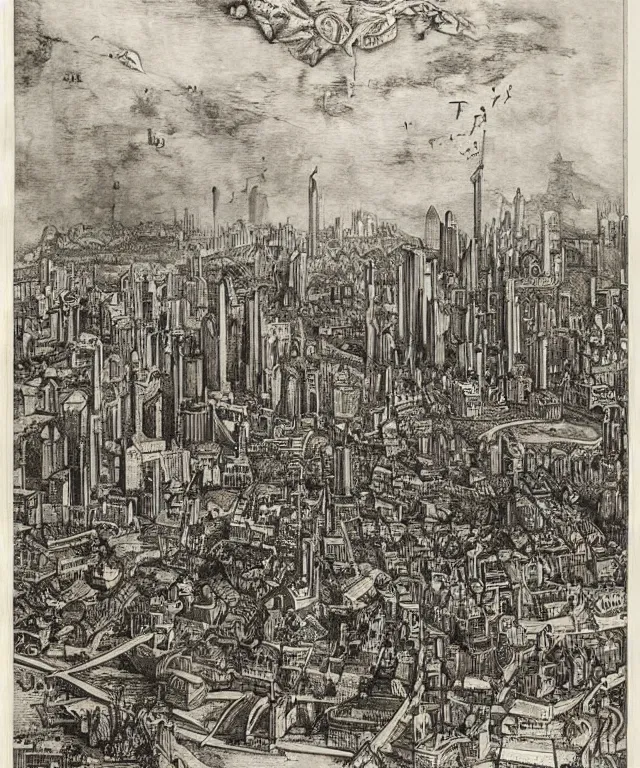 Prompt: an engraving of a zaha hadid city from the year 1 6 0 0 by albrecht durer, gustave dore, ian miller, highly detailed, storybook illustration, lithograph engraving