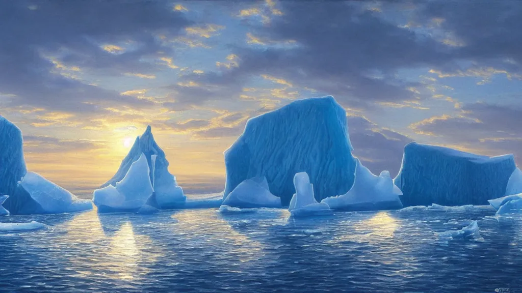 Prompt: the most beautiful panoramic landscape, oil painting, where a giant iceberg is lost in middle of the artic ocean, a giant penguin is exhaling steam while walking over the iceberg, the artic ocean is reflecting the giant penguin over the iceberg and the ray lights of the sunset are brightening him, by greg rutkowski