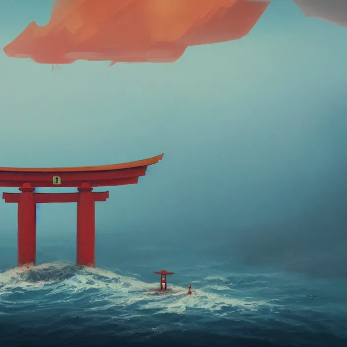 Image similar to a beautiful painting of a torii at sea by simon stalenhag and greg rutkowski, in style of digital art. hyper detailed, sharp focus, soft light. octane render. ray tracing. trending on artstation