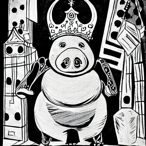 Prompt: pig posing with crown from the Dungeons and Dragons Monster Manual, line art illustration, 1981, high detail, picasso