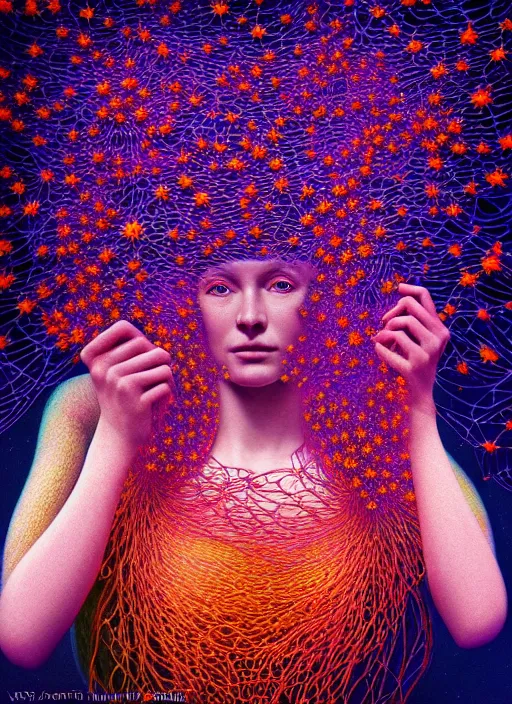 Image similar to hyper detailed 3d render like a Oil painting - Aurora (Singer) Eats of the Strangling network of lomochrome Fruit and Her delicate Hands hold of gossamer polyp blossoms bring iridescent fungal flowers whose spores black the foolish stars by Jacek Yerka, Mariusz Lewandowski, Houdini algorithmic generative render, Abstract brush strokes, Masterpiece, Edward Hopper and James Gilleard, Zdzislaw Beksinski, Mark Ryden, Wolfgang Lettl, hints of Yayoi Kasuma, octane render, 8k