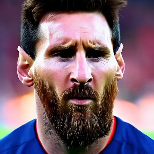 Image similar to Lionel Messi with a majestic beard, closeup, cinematic shot, 4k, award winning photo