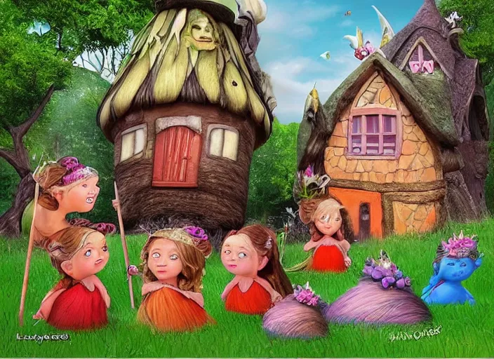 Prompt: “fairy princesses, cute houses of various kinds, witches on broomsticks, ugly trolls with fat heads, ladybirds, a troll driving a bulldozer and crushing a house”