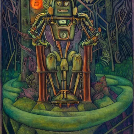 Image similar to robot seizes the forest throne, by Annie Swynnerton and Diego Rivera, symbolist, dramatic lighting, elaborate geometric ornament, tattoos, Art Brut, soft cool colors,smooth, sharp focus, extremely detailed
