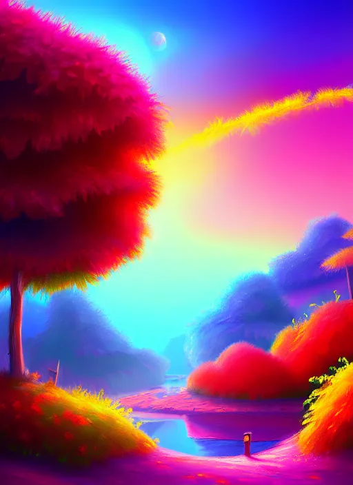 Image similar to painting of a colorful landscape, in a fantasy world, digital painting, hd, illustration, art by tokenin, trending